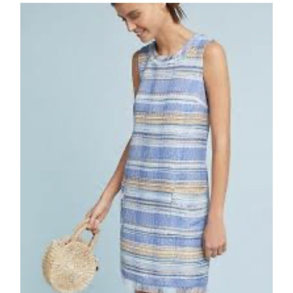 Anthropologie Akemi + Kin Shift Dress Tweed Blue Fringe Pockets Size 8